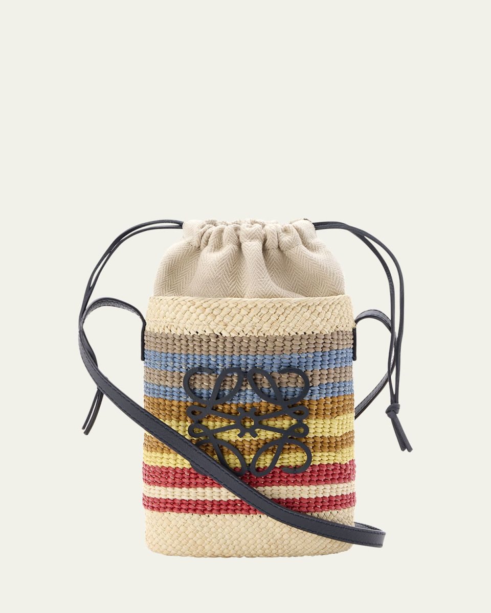Anagram Pocket Striped Crossbody Bag in Straw and Leather